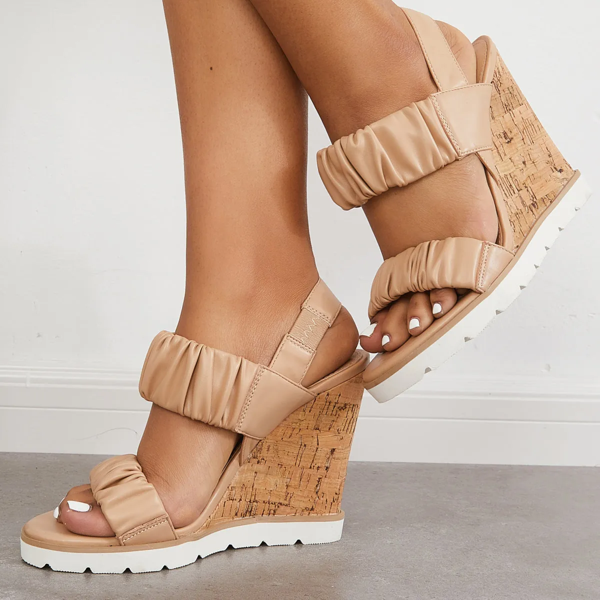 Sohiwoo Women Open Toe Ankle Strap Ruched Sandals Platform Wedge Heels