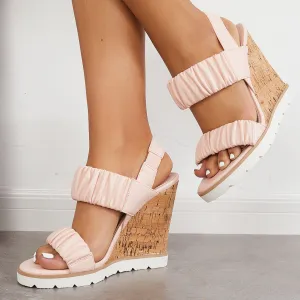 Sohiwoo Women Open Toe Ankle Strap Ruched Sandals Platform Wedge Heels