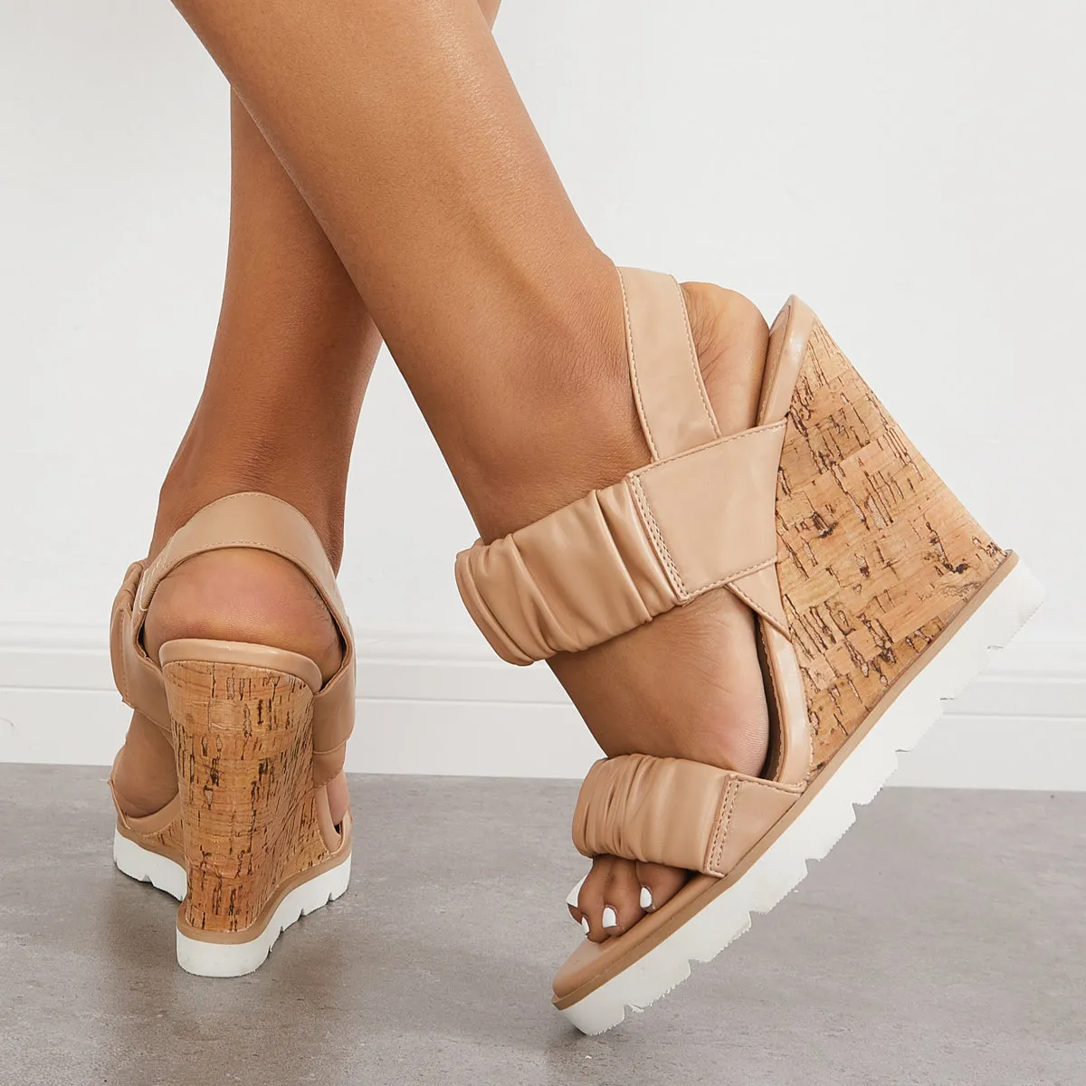 Sohiwoo Women Open Toe Ankle Strap Ruched Sandals Platform Wedge Heels