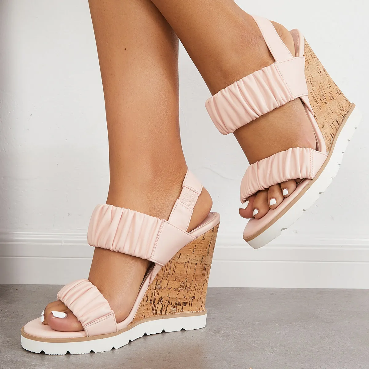 Sohiwoo Women Open Toe Ankle Strap Ruched Sandals Platform Wedge Heels