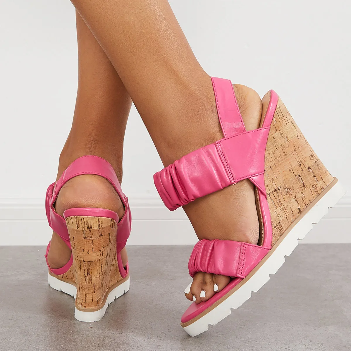 Sohiwoo Women Open Toe Ankle Strap Ruched Sandals Platform Wedge Heels