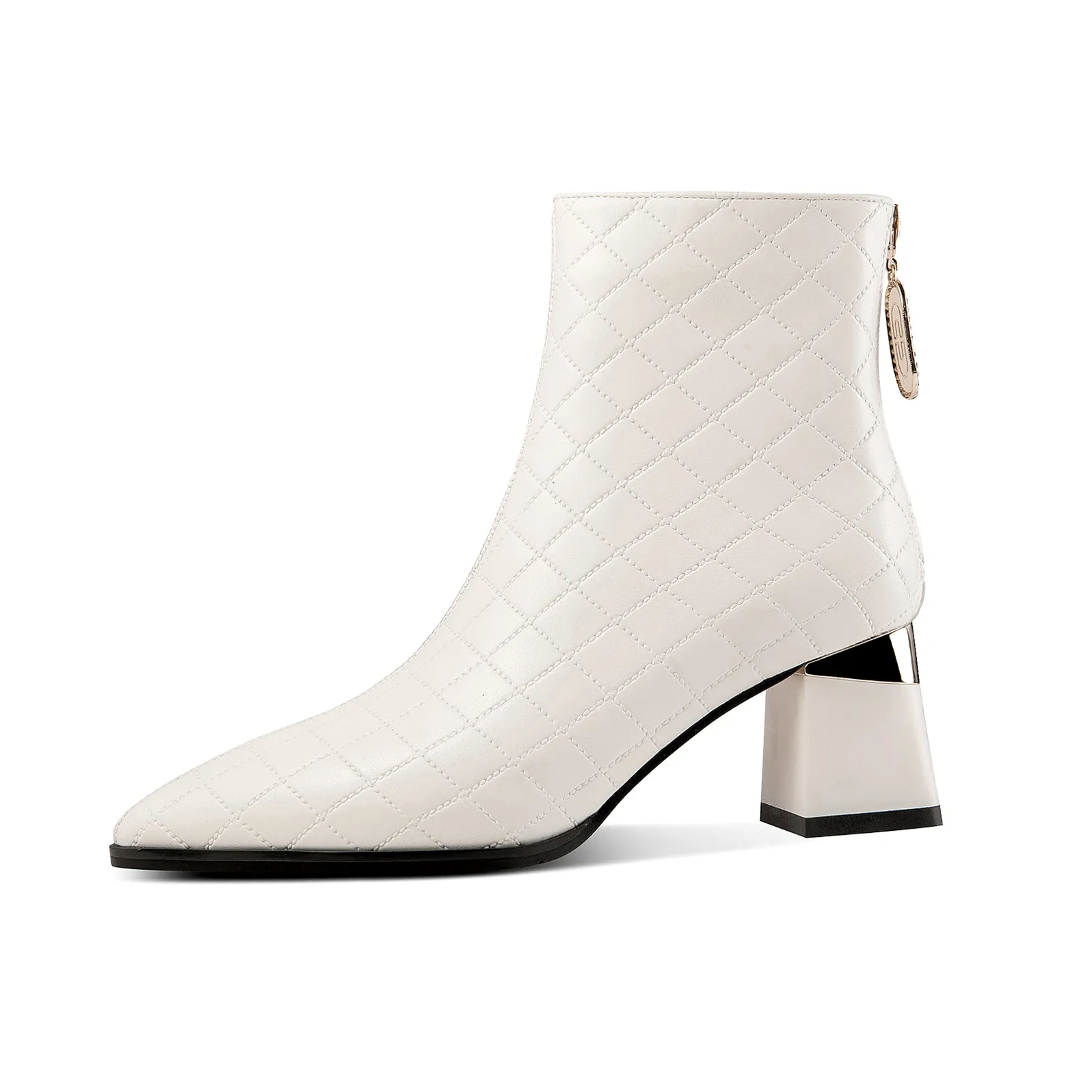 TinaCus Genuine Leather Women's Handmade Pointed Toe Checkered Chunky Heel Back Zip Up Ankle Boots