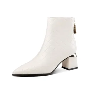 TinaCus Genuine Leather Women's Handmade Pointed Toe Checkered Chunky Heel Back Zip Up Ankle Boots
