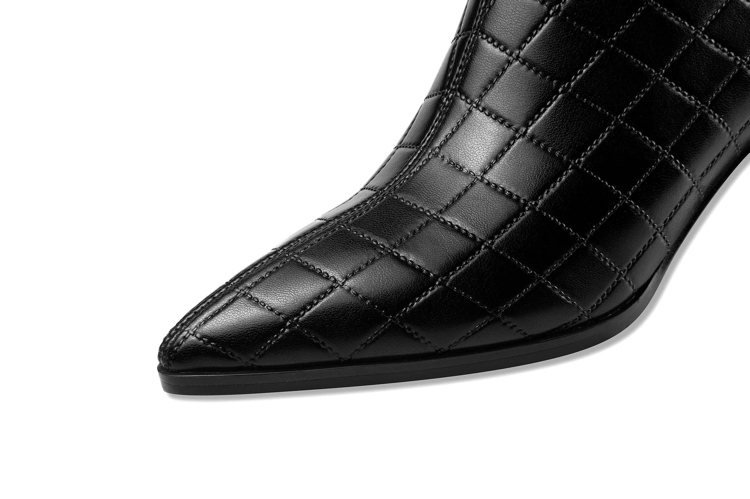 TinaCus Genuine Leather Women's Handmade Pointed Toe Checkered Chunky Heel Back Zip Up Ankle Boots