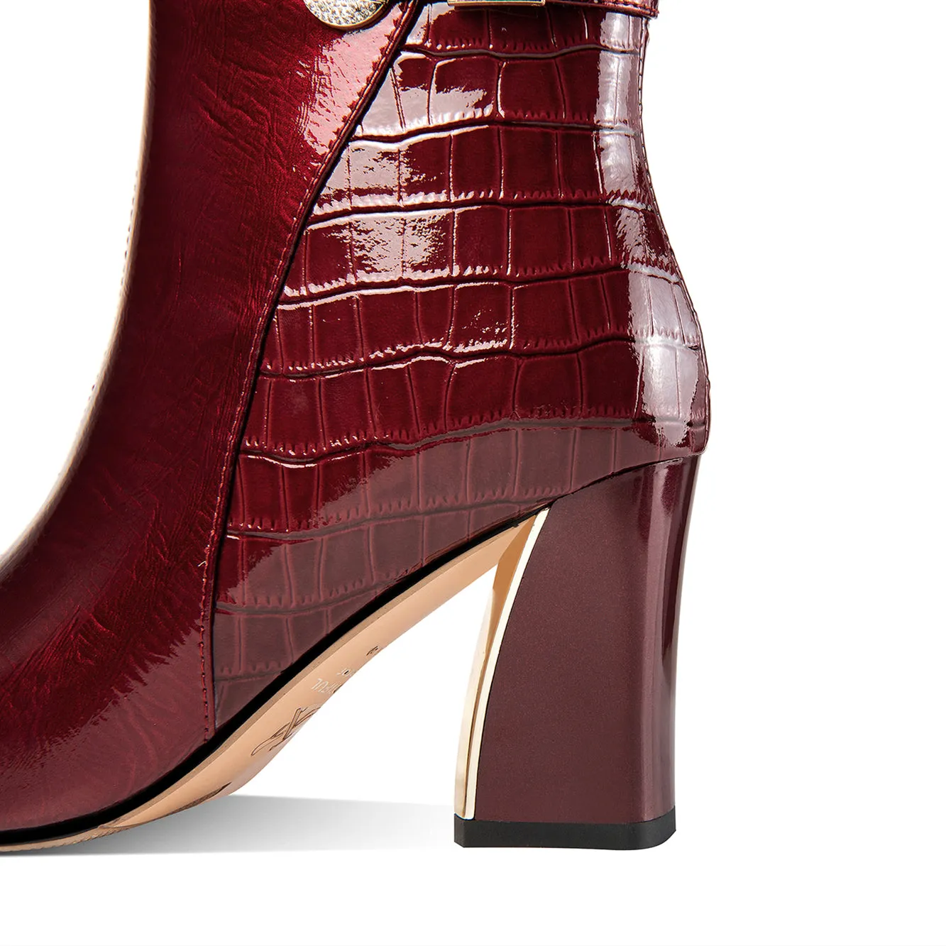TinaCus Glossy Patent Leather Women's Handmade Chunky Heel Pointed Toe Side zip Up Ankle Booties with Exquisite Buckle Decor
