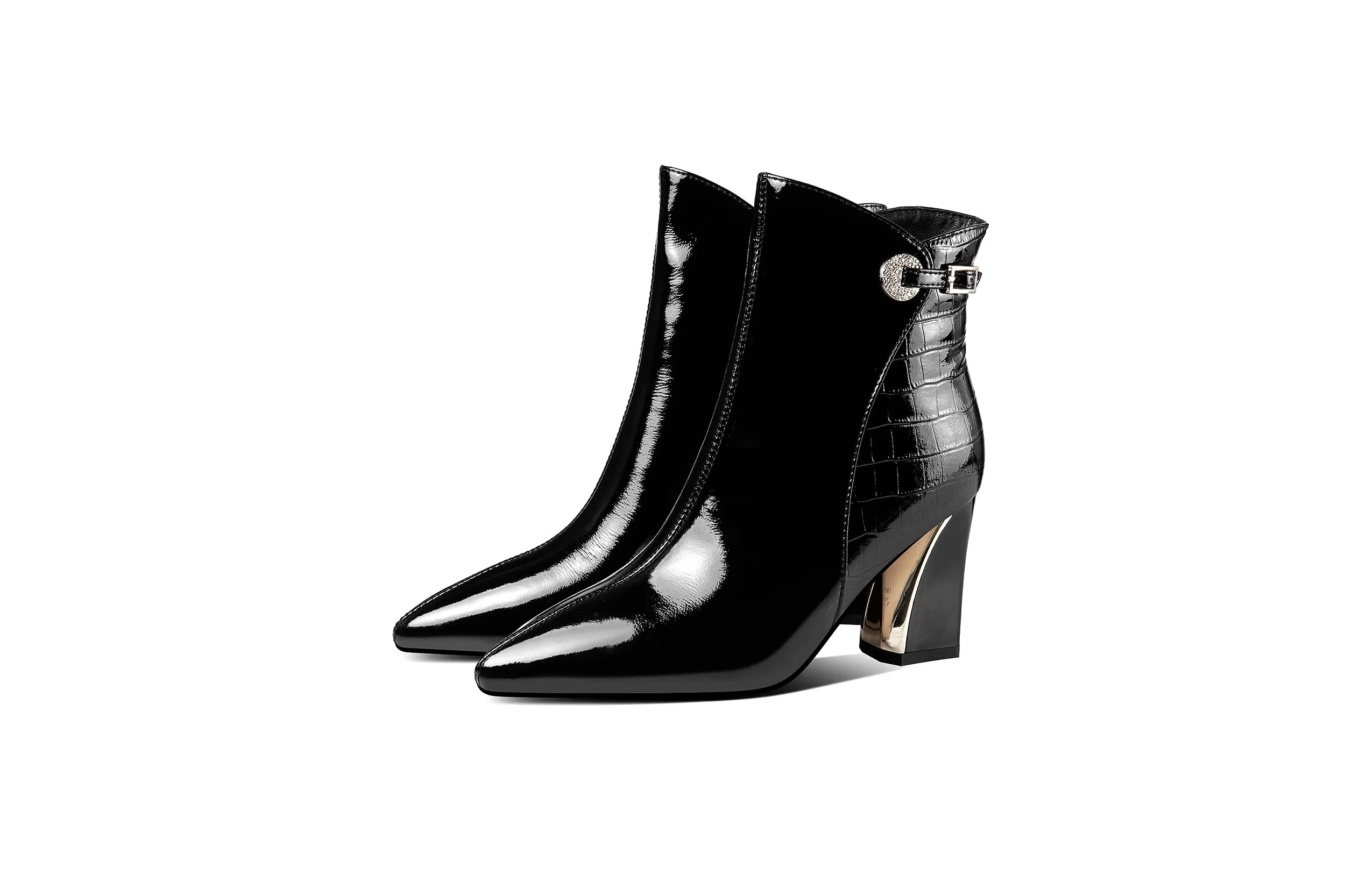 TinaCus Glossy Patent Leather Women's Handmade Chunky Heel Pointed Toe Side zip Up Ankle Booties with Exquisite Buckle Decor