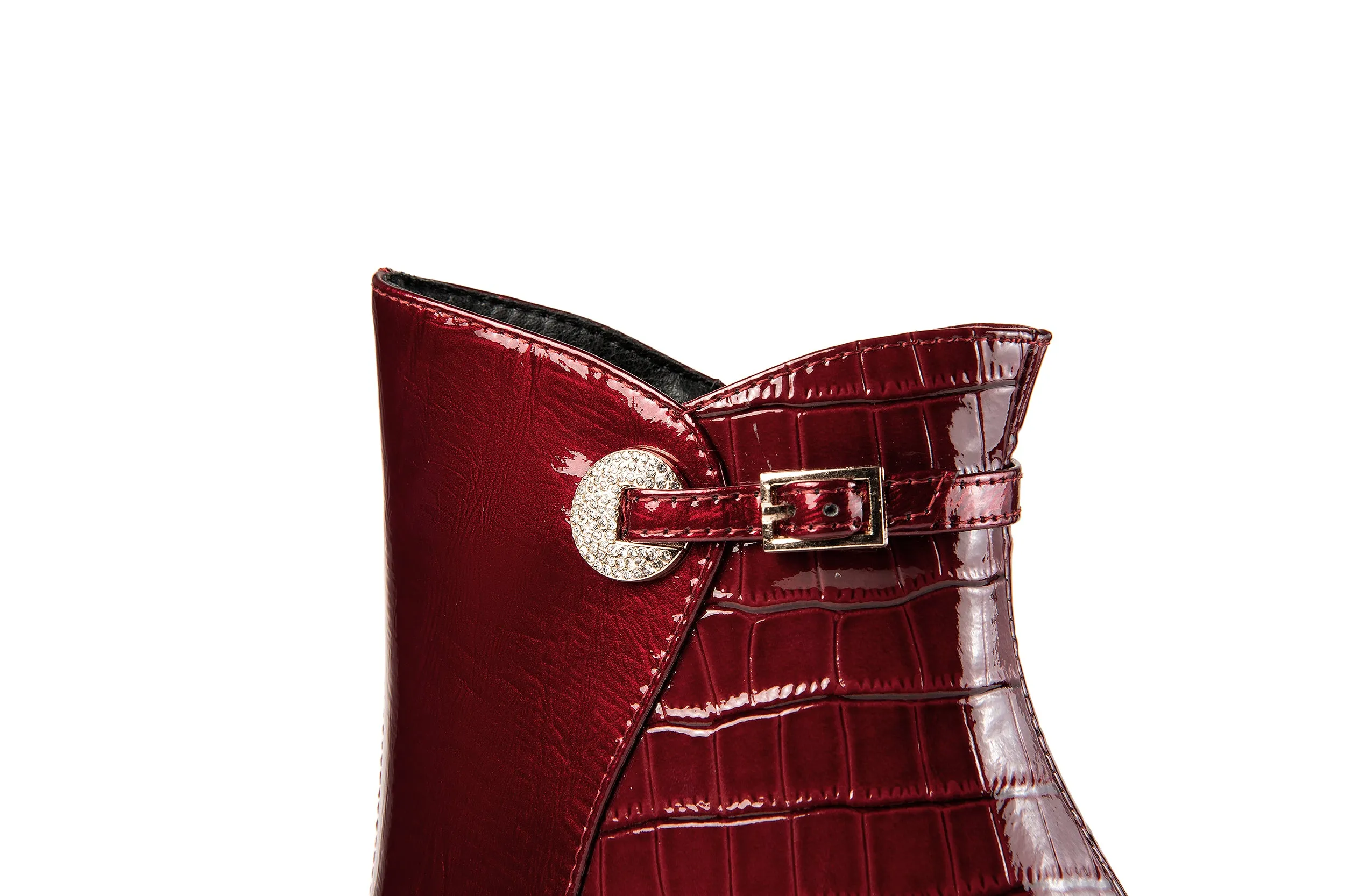 TinaCus Glossy Patent Leather Women's Handmade Chunky Heel Pointed Toe Side zip Up Ankle Booties with Exquisite Buckle Decor