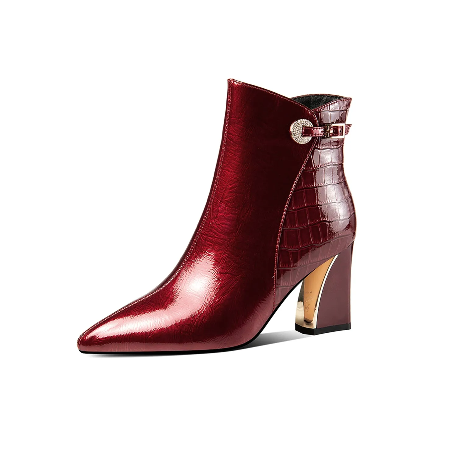 TinaCus Glossy Patent Leather Women's Handmade Chunky Heel Pointed Toe Side zip Up Ankle Booties with Exquisite Buckle Decor