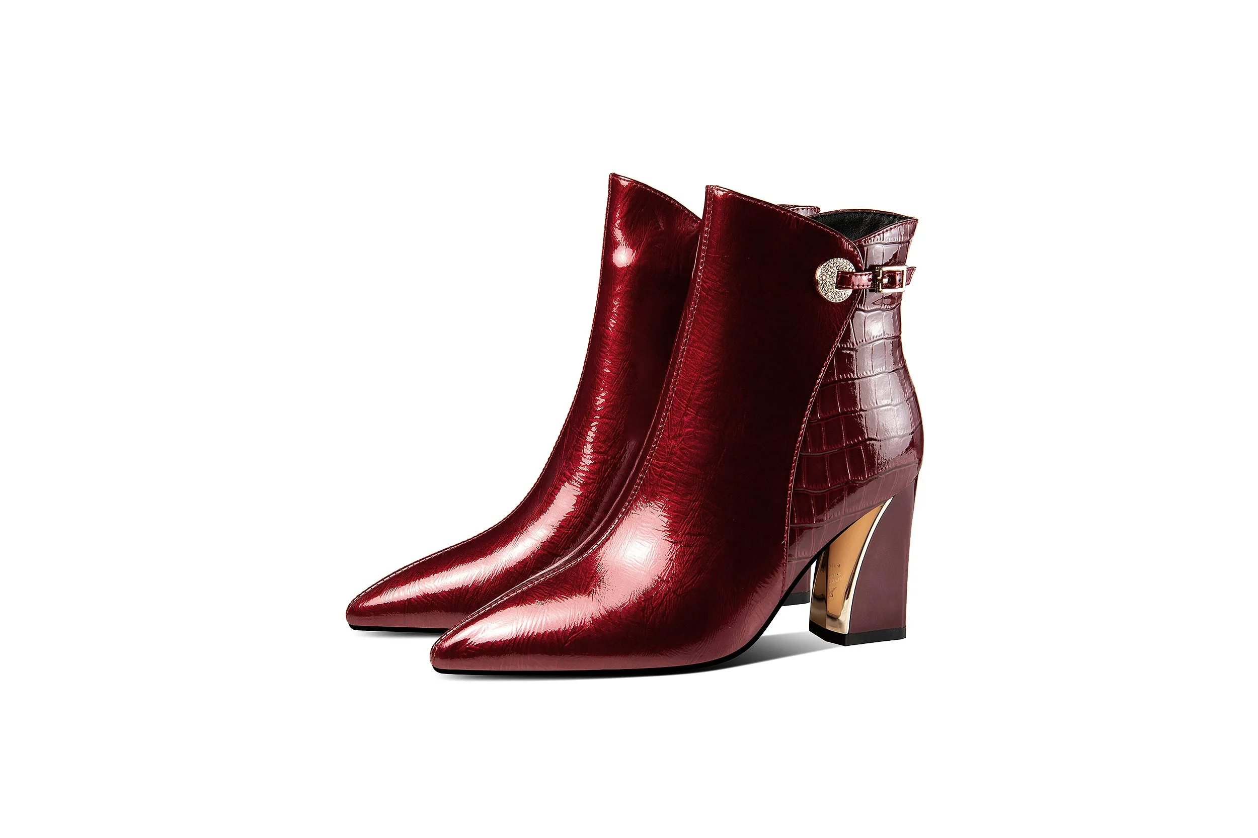 TinaCus Glossy Patent Leather Women's Handmade Chunky Heel Pointed Toe Side zip Up Ankle Booties with Exquisite Buckle Decor