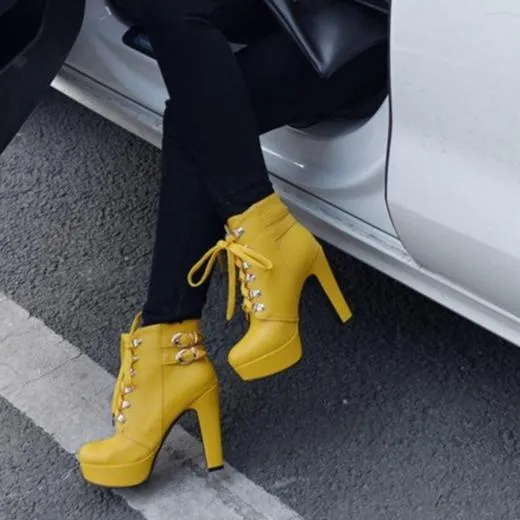 Women ankle buckle strap chunky high heel lace up platform boots