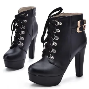 Women ankle buckle strap chunky high heel lace up platform boots