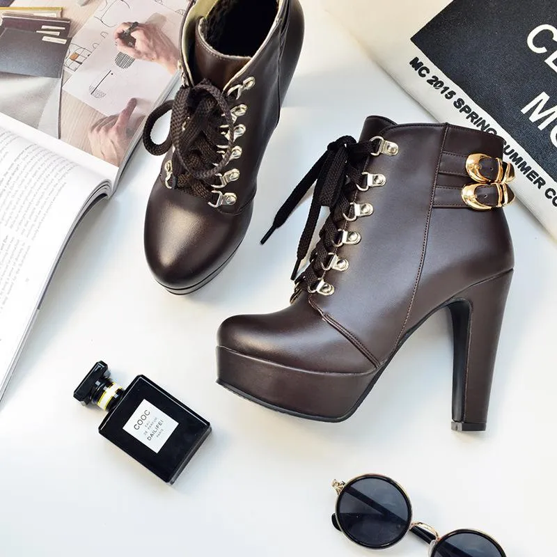 Women ankle buckle strap chunky high heel lace up platform boots