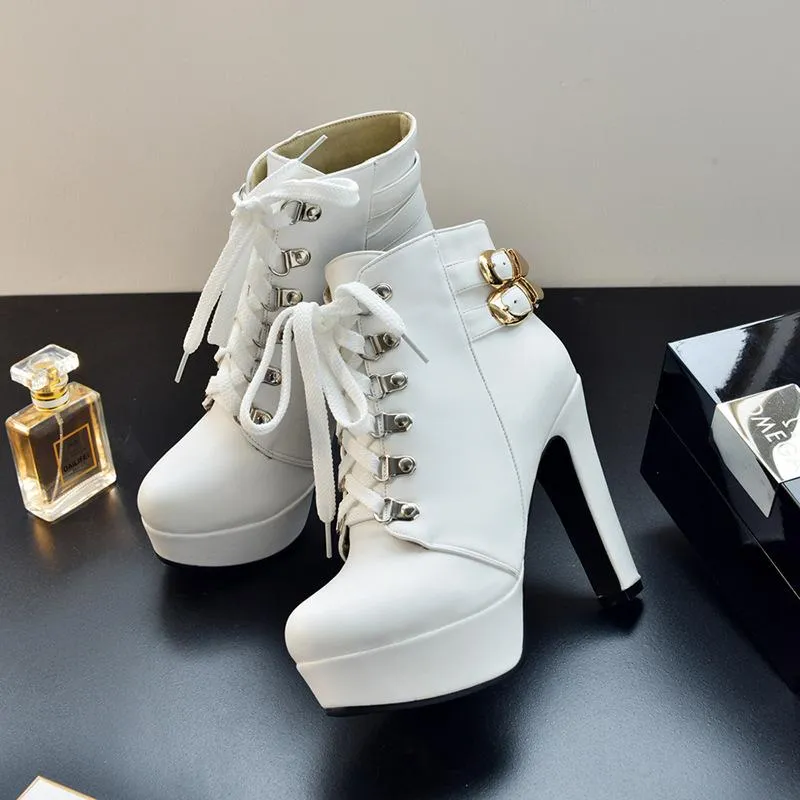 Women ankle buckle strap chunky high heel lace up platform boots
