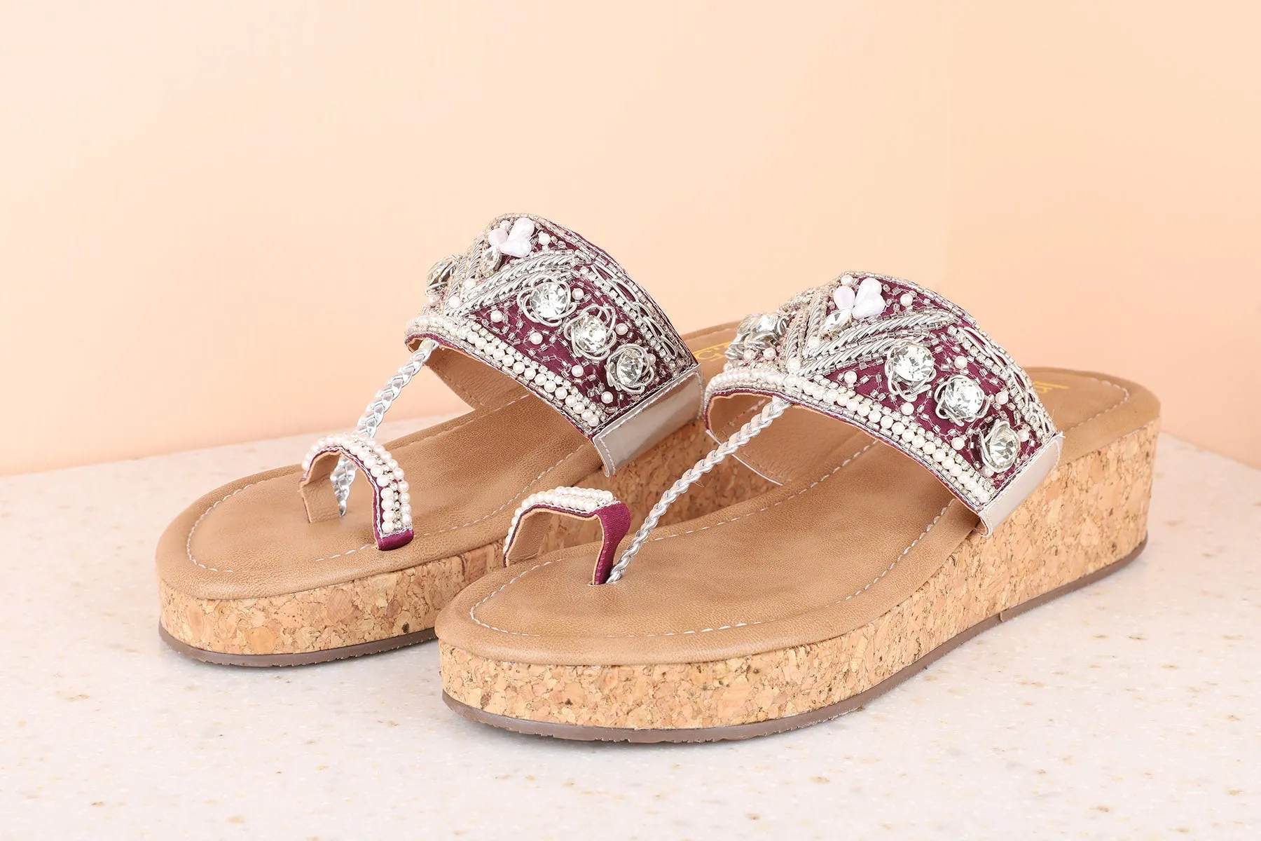 Women Silver Ethnic Embellished One Toe Wedges