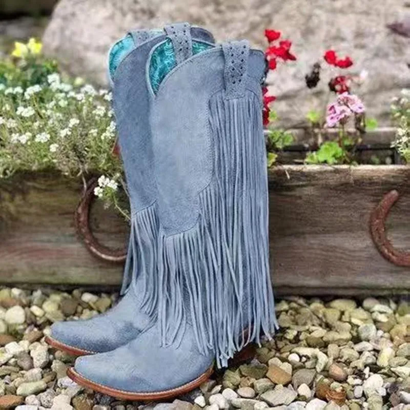 Women's knee high fringe boots pointed toe retro cowboy boots with tassels