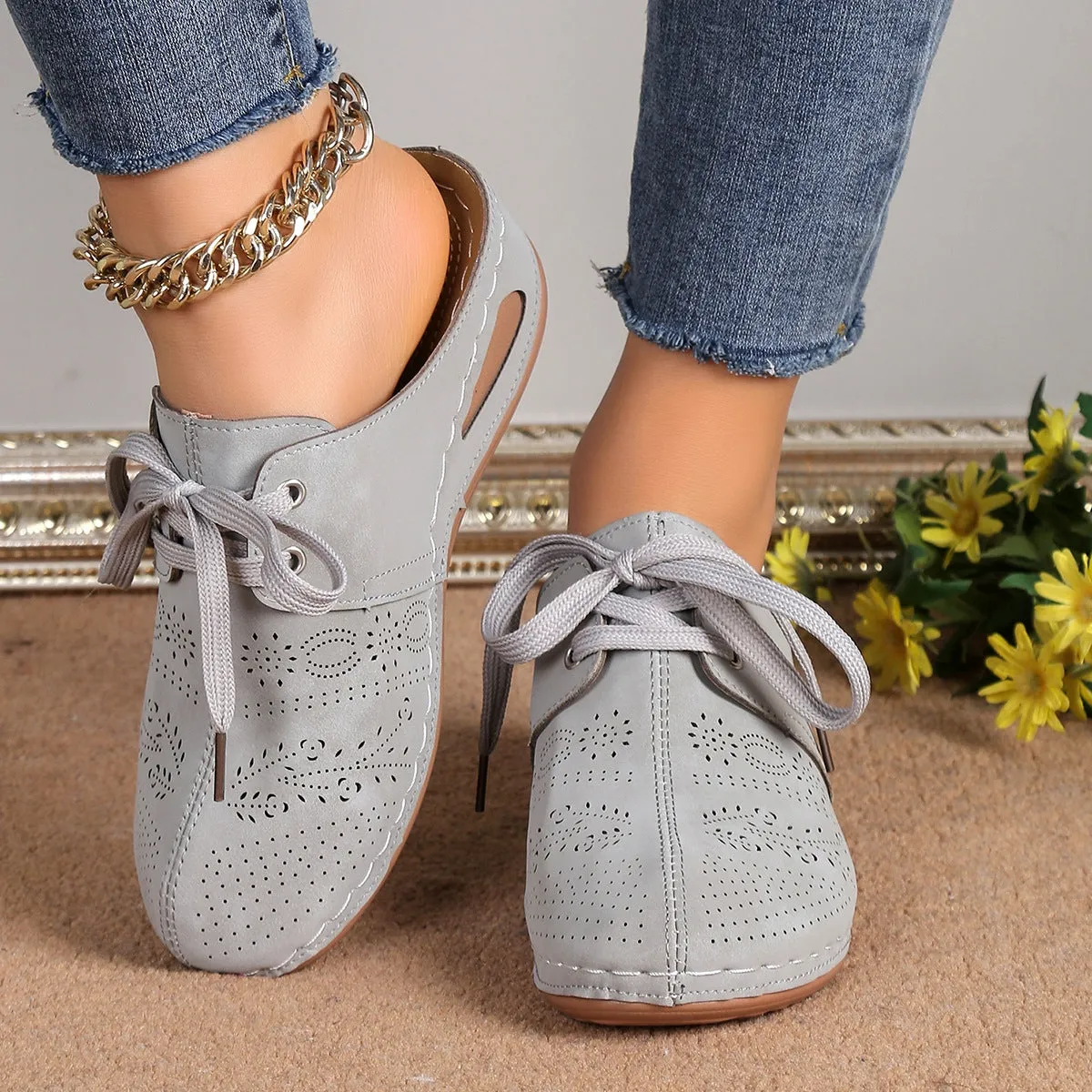 Women's Lace-Up Round Toe Wedge Sandals